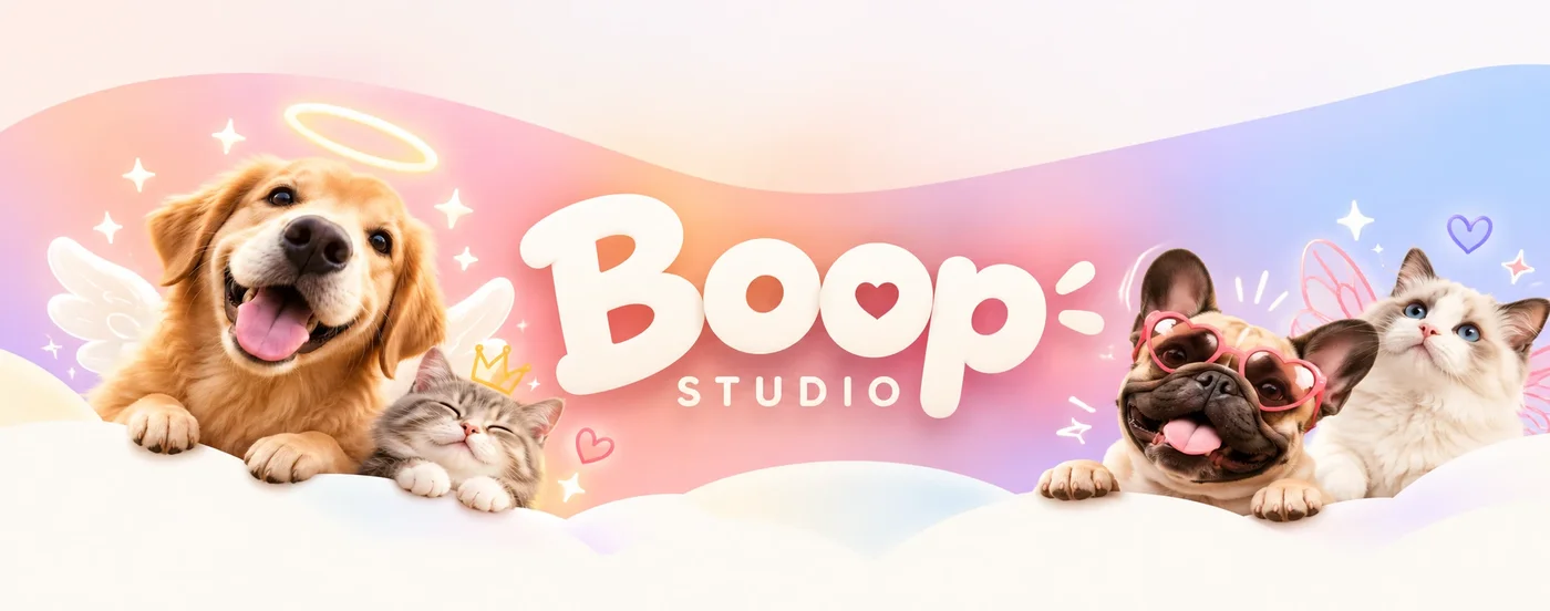 Boop Studio: a golden retriever with a halo and wings, a kitten in a crown, a French bulldog in heart sunglasses and a cat with fairy wings