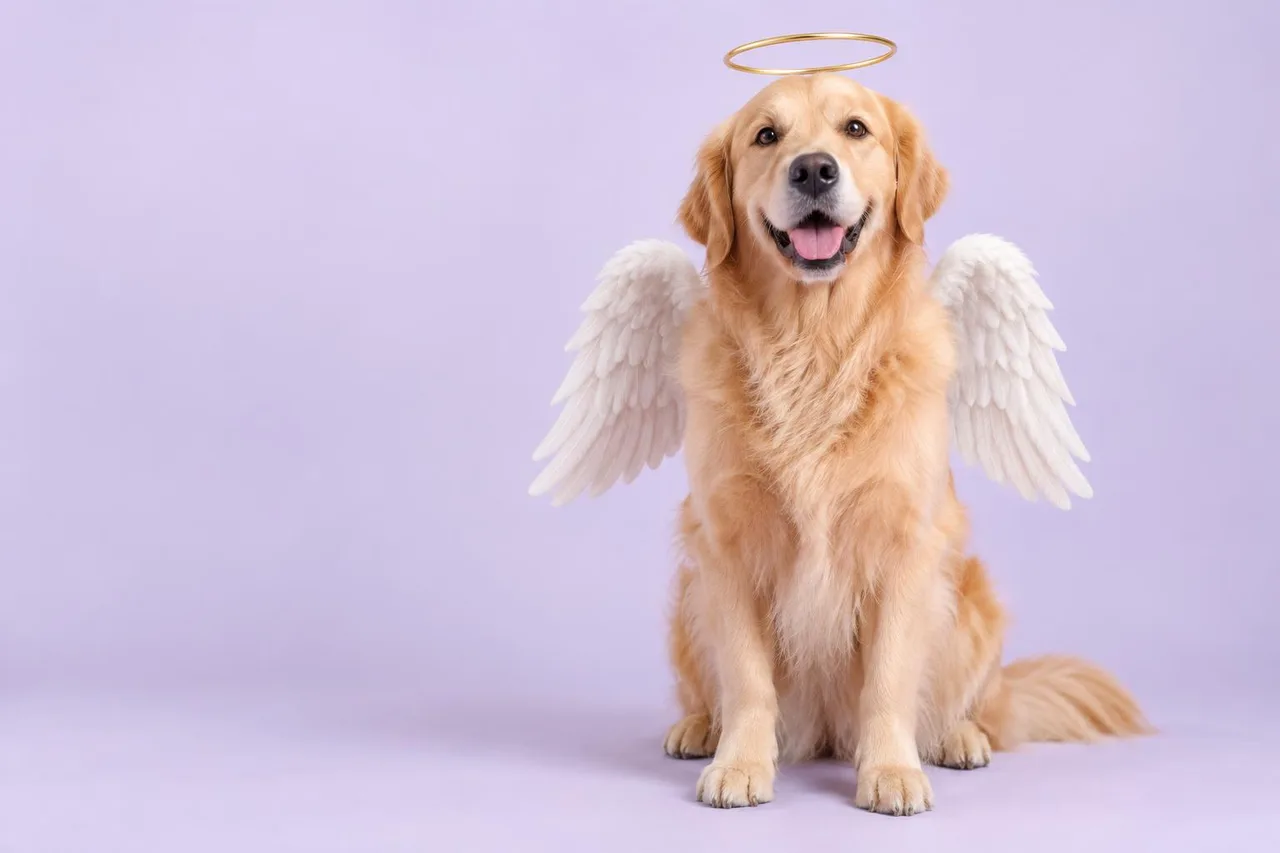A golden retriever with a gold halo and white angel wings