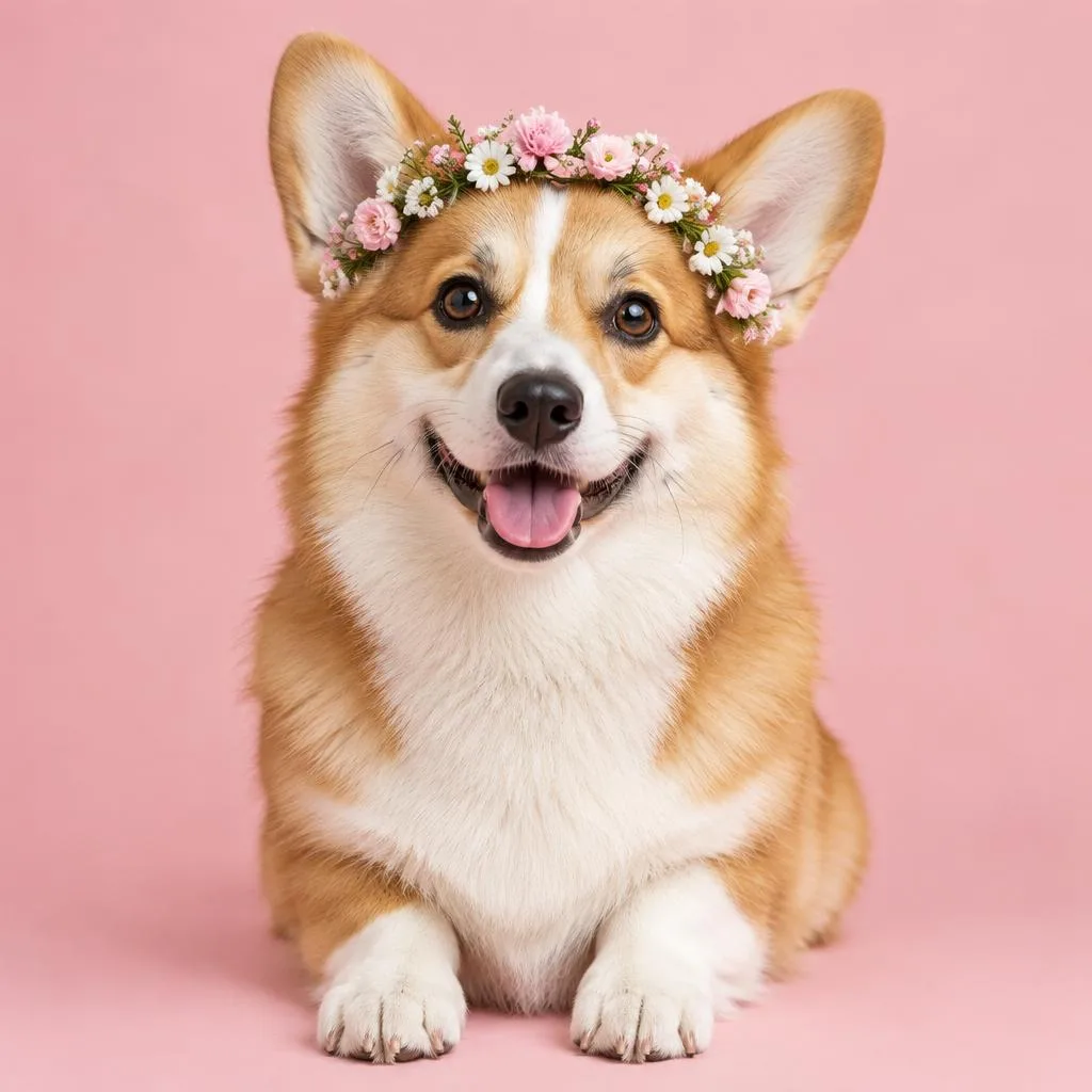A corgi wearing a crown of pink and white flowers