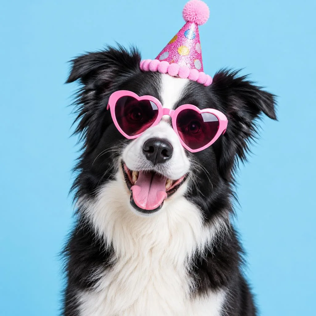 A border collie in a pink party hat and heart-shaped sunglasses